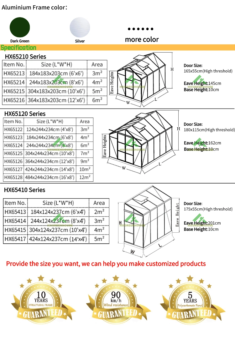 Widely Used Large Garden Green House with Plastic Cover and Green Aluminum Frame Hx65120-1 Series